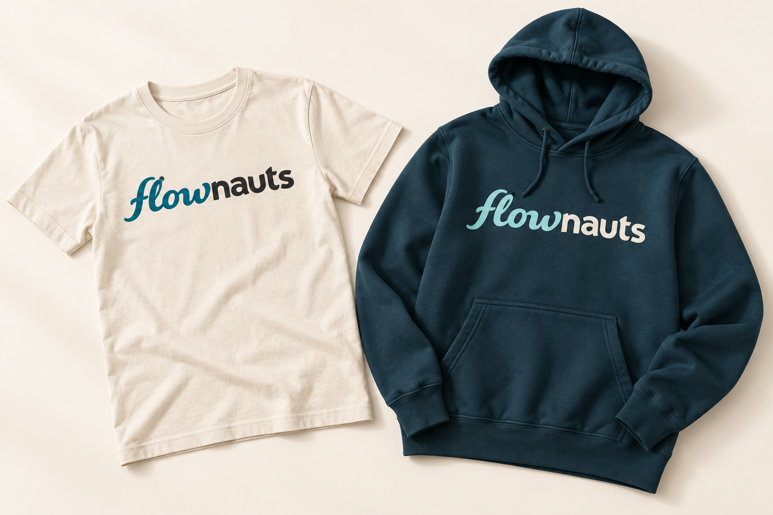 Cream tee and teal hoodie with Flownauts wordmarks, shown as concept imagery